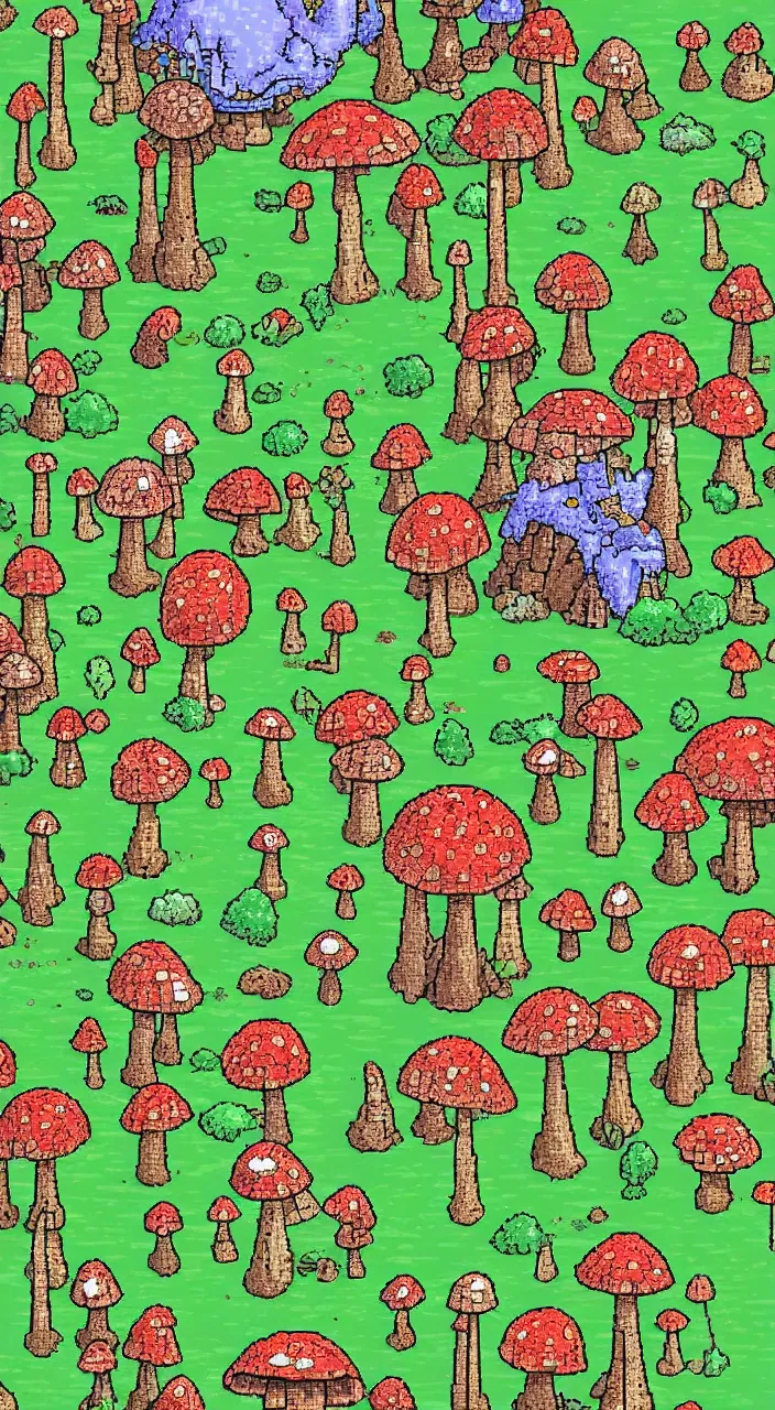 Image similar to a fantasy world with big mushrooms in pixelart style