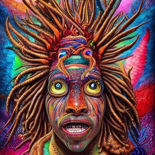 Image similar to a high detailed hyper detailed painting of a spiritual monster with dreadlocks and several eyes, pointy teeth and colorful skin with scales and strange textures, surreal psychedelic cosmic horror - 7 6 8