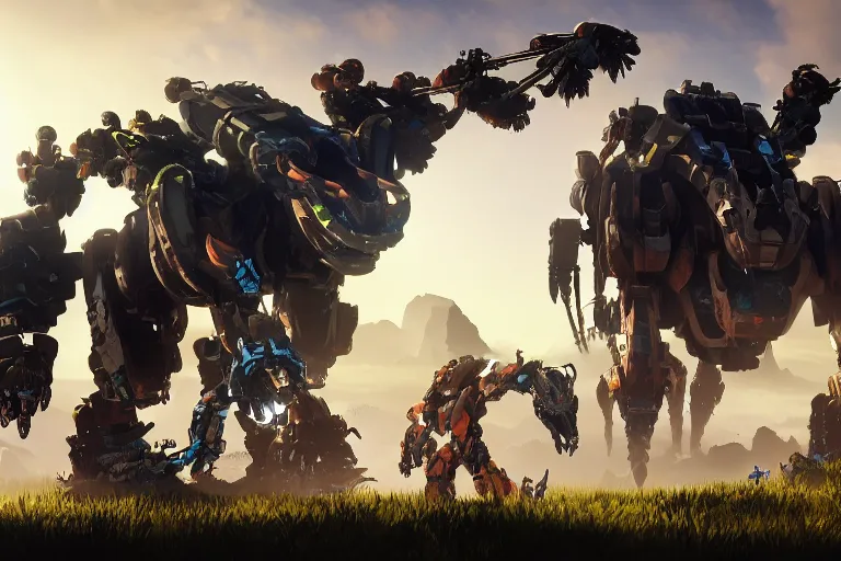 Image similar to grazer machine mecha animal beast robot of horizon forbidden west horizon zero dawn bioluminiscence global illumination ray tracing hdr fanart arstation by sung choi and eric pfeiffer and gabriel garza and casper konefal