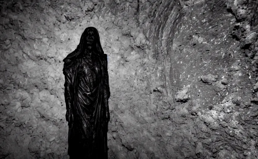 Prompt: tv footage of a decrepit creepy statue of the archangel gabriel staring at the camera, alone in a cavernous dark old catacomb, realistic, pitch black, depth of field, wide shot, sinister, bad lighting, foreboding, blurry, grainy photo