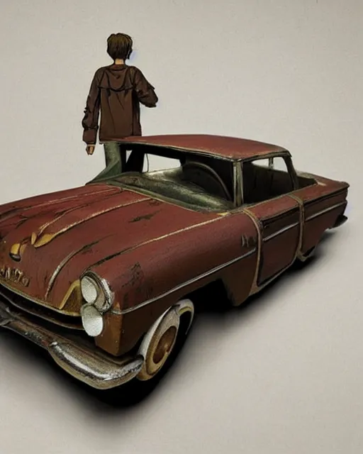 Image similar to a wooden sculpture of a vintage car from fallout 4, digital art by studio ghibli and greg rutkowski, beautiful, cute, hyperrealism artstyle, amazing lighting