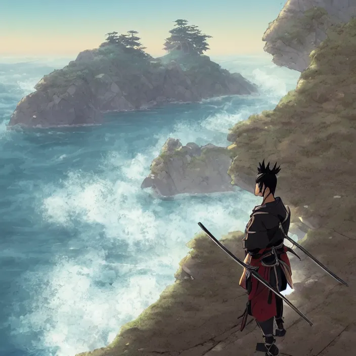Image similar to an ( ( ( ( anime ) ) ) ) still of a ronin samurai standing on the edge of a cliff overlooking the ocean, confident looking, finely detailed features, perfect art, at an ancient castle, trending on pixiv fanbox, painted by greg rutkowski makoto shinkai takashi takeuchi studio ghibli, akihiko yoshida