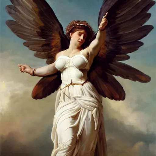 Prompt: Portrait of Serena Williams with wings as Nike Goddess, large wings, luxuriant, dreamy, eternity, romantic, strong pose, highly detailed, in the style of Franz Xaver Winterhalter, highly detailed, in the style of Aetherpunk