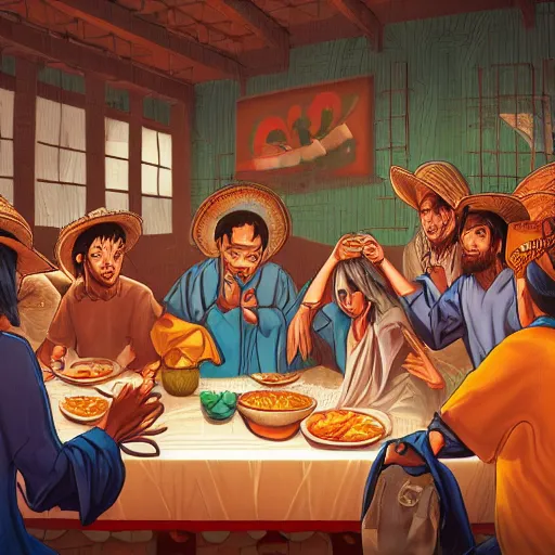 Prompt: the last supper in a mexican restaurant, sombrero, ponchos, by dan mumford, yusuke murata, makoto shinkai, ross tran, cosmic, heavenly, god rays, intricate detail, cinematic, 8 k, cel shaded, unreal engine, featured on artstation, pixiv