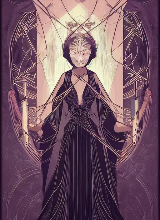 Image similar to tarot!!, high priestess, no noise, elegant, concept art, sharp focus, beautiful face!!, digital art, smooth defined outlines!!, human anatomy, human structure, vector background, dark fantasy, by Yukio Miyamoto