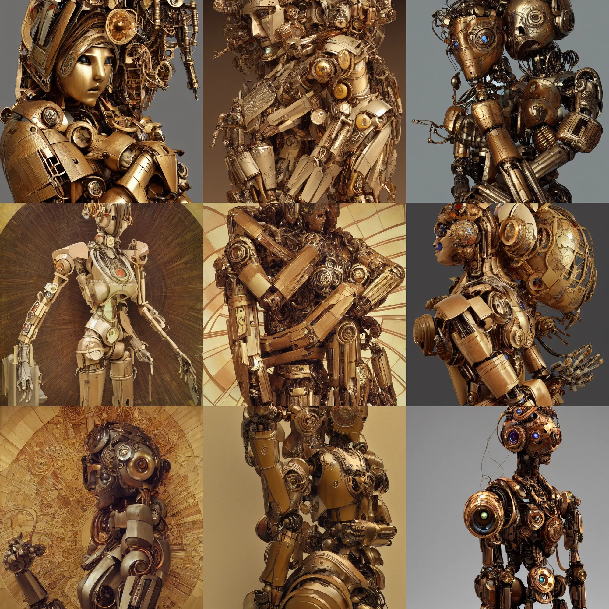 Prompt: octane render ultra photorealistic hyper detailed, a very very sculpture cute wooden and ceramic mystical statue robot of the roman organique cyberpunk a contemporary art gallery in neo tokyo artwork alphonse mucha