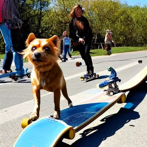 Image similar to dogs riding skateboards