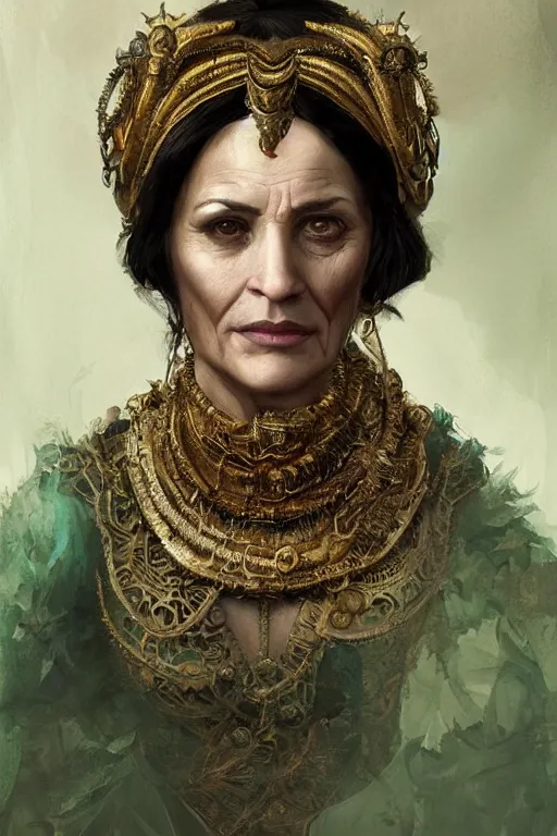 Prompt: portrait, headshot, digital painting, of a 17th century, beautiful, middle aged, middle eastern, wrinkles, wicked, cyborg merchant woman, dark hair, amber jewels, baroque, ornate dark green clothing, scifi, futuristic, realistic, hyperdetailed, concept art, chiaroscuro, side lighting, art by waterhouse