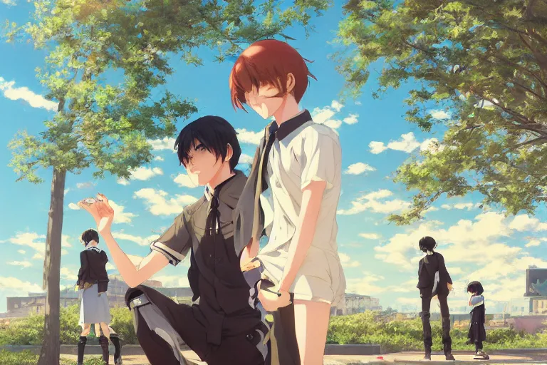 Prompt: boy's love anime high school scene spring noon setting, high detail concept art, perfect proportions good looking face, realistic shaded lighting poster ilya kuvshinov, katsuhiro, jeremy lipkin and michael germash, makoto shinkai, loish and clamp style, trending on art station, best selling artist