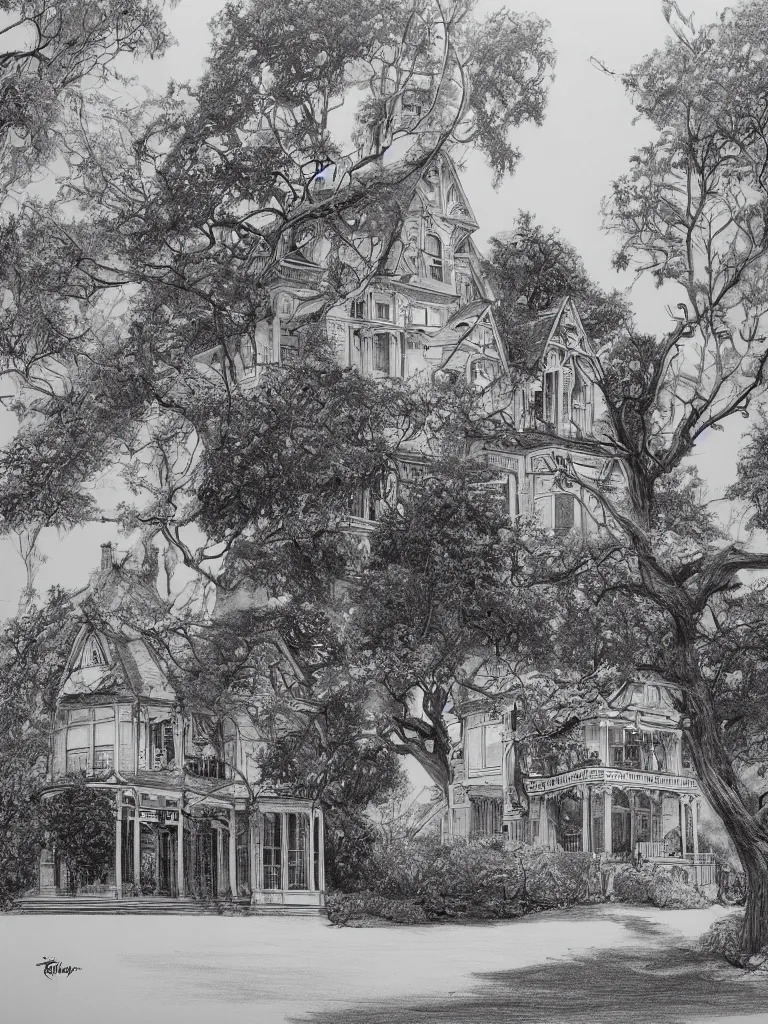 Image similar to a victorian house with a tree at its left side and a garden at its right side, pencil drawing, black and white, trending on artstation, behance, deviantart, drawn by tom lovell, artgerm, jsc, j. scott campbell