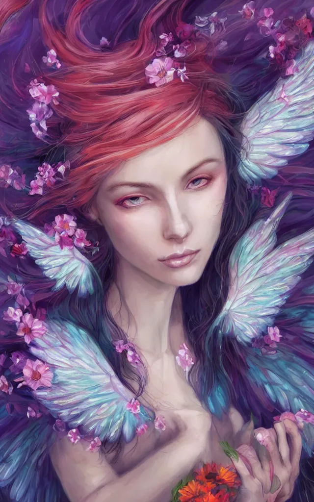 Image similar to a colorful and provenance portrait painting of angel with her hugeflowers wings spread out gracefully, highly saturated colors, teardrop eyes open, highly detailed, hair made of hair made of air wind and curling smoke, mist, dust, genie, flowers, flower, spirit fantasy concept art, art by charlie bowater and aenami, trending on artstation.