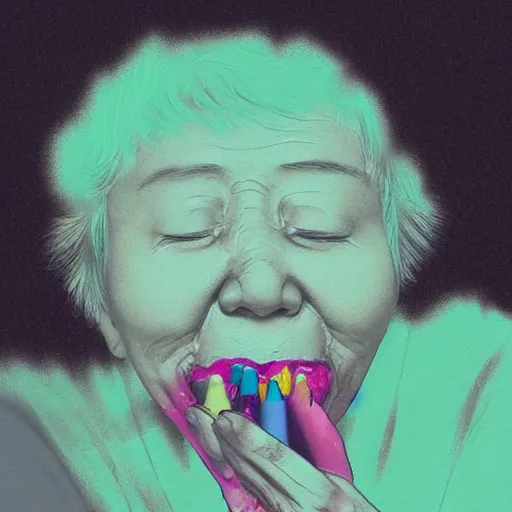 Image similar to closeup of my grandma eating crayons, melting down all over her body, in the style of kawase hasui james jean, muted neon colors, artstation trending, 8 k, 3 d render, photorealistic, volumetric lighting caustics, black and white, detailed af