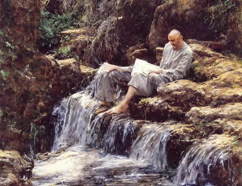 Image similar to steve hanks, serov valentin, lisa yuskavage, andrei tarkovsky, terrence malick, concentrated monk sits near waterfall, golden ratio, perfect symmetrical, polaroid, vintage, soft lights, foggy, oil on canvas, artstation, masterpiece