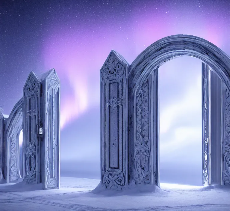 Image similar to a very detailed concept art of intricate and scandinavian white gates to aurora borealis infused with lights, trending on artstation, symmetry, digital art, 4 k, hyper realistic, octane render, sharp focus