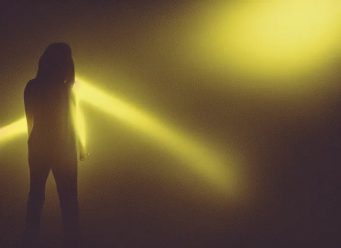 Prompt: human silhouette, large diffused glowing aura, long exposure, film grain, cinematic lighting, cinematic composition