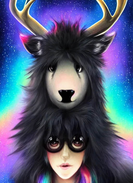 Image similar to award winning beautiful portrait commission of a male furry anthro Black Reindeer fursona with a tail, wings and a cute beautiful attractive detailed furry face wearing stylish black and rainbow galaxy clothes in a outerspace city at night while it rains. Character design by charlie bowater, ross tran, artgerm, and makoto shinkai, detailed, inked, western comic book art