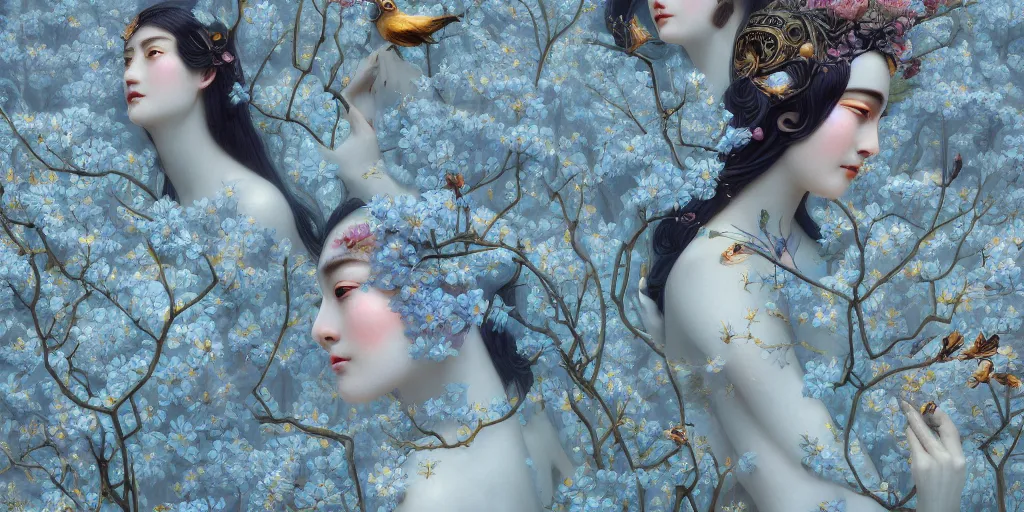 Image similar to breathtaking detailed concept art painting art deco pattern of faces goddesses amalmation light - blue flowers with anxious piercing eyes and blend of flowers and birds, by hsiao - ron cheng and john james audubon, bizarre compositions, exquisite detail, extremely moody lighting, 8 k