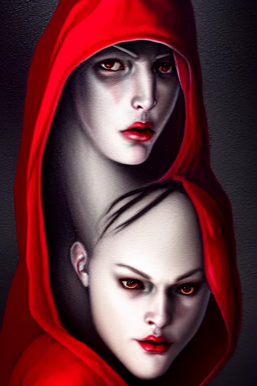 Image similar to hyperrealistic mixed media painting of beautiful Red Riding Hood, pale skin, full body, crimson robe, shadowy wolf figure looming overhead in background, stunning 3d render inspired art by P. Craig Russell and Barry Windsor-Smith + perfect facial symmetry + dim volumetric lighting, 8k octane beautifully detailed render, post-processing, extremely hyperdetailed, intricate, epic composition, grim yet sparkling atmosphere, cinematic lighting + masterpiece, trending on artstation, very very detailed, masterpiece, stunning