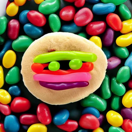 Prompt: hamburger made of jellybeans