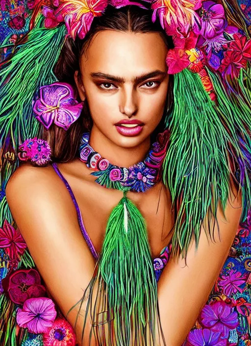 Prompt: beautiful VICTORIA'S SECRET portrait of Irina Shayk wearing fantastic Hand-dyed cotton dress,embellished beaded feather decorative fringe knots ,colorful pigtail,subtropical flowers and plants,symmetrical face,intricate,elegant,highly detailed,8k,post-processing,digital painting,trending on pinterest,harper's bazaar,concept art, sharp focus, illustration, by artgerm,Tom Bagshaw,Lawrence Alma-Tadema,greg rutkowski,alphonse Mucha