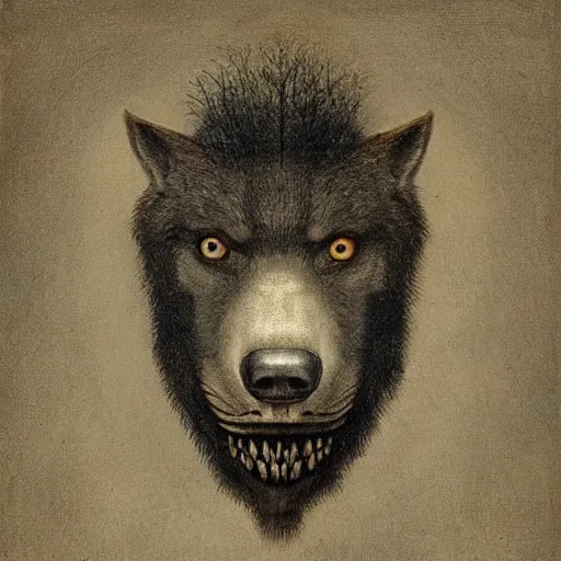 Image similar to head of a half man half wolf by Odd Nerdrum, by Francisco Goya, by M.C. Escher, fairy-tale illustration style, very detailed, colorful, beautiful, eerie, surreal, psychedelic