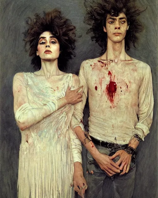 Image similar to two handsome but creepy siblings in layers of fear, with haunted eyes and wild hair, 1 9 7 0 s, seventies, wallpaper, a little blood, moonlight showing injuries, delicate embellishments, painterly, offset printing technique, by coby whitmore, jules bastien - lepage