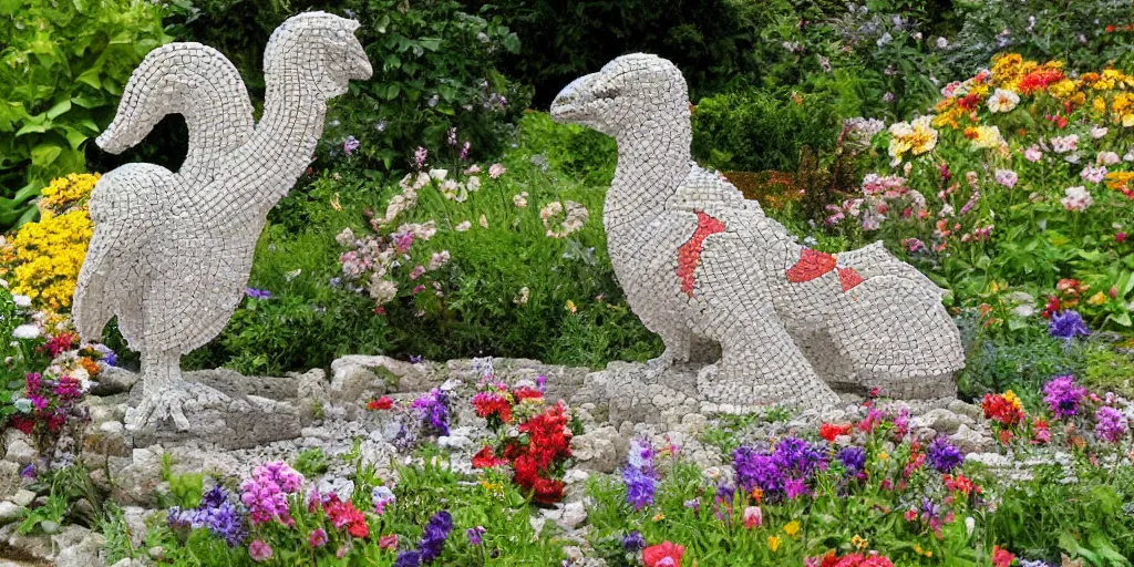 Image similar to extremely detailed pebble mosaic statue, of a griffin, in an english cottage style flower garden