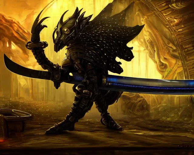 Image similar to legendary sword of cybernetic technology on a glowing table, digital award winning hd matte painting, intimate dark moody, intricate, long sharp black and iridescent blade, ornate spikes, colorful hilt, detailed realistic, raytraced blade, colored gems, golden pommel, in the style of greg rutkowski and krenz cushart, trending on artstation and deviantart