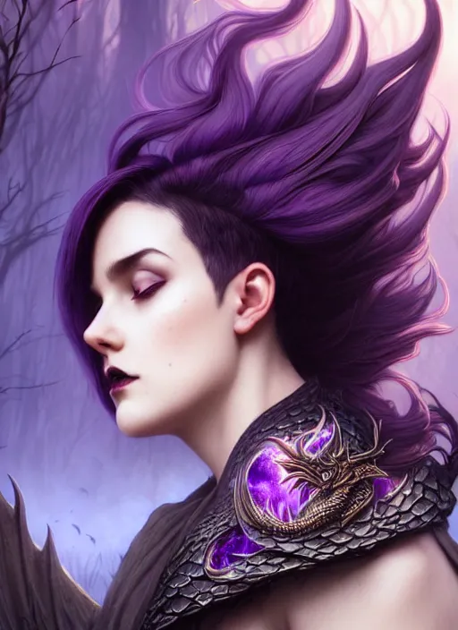 Image similar to side portrait beautiful young female model, witchy outfit large cloak, fantasy forest landscape, dragon scales, fantasy magic, undercut hairstyle, short purple black fade hair, dark light night, intricate, elegant, sharp focus, illustration, highly detailed, digital painting, concept art, matte, art by wlop and artgerm and greg rutkowski and alphonse mucha, masterpiece