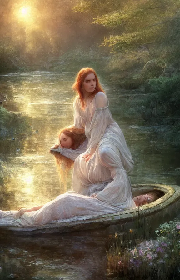 Image similar to beautiful lady of shalott laying in a river, sadness, longing, sharp focus, intricate, elegant, digital painting, artstation, matte, highly detailed, concept art, illustration, volumetric lighting, bokeh light, art by greg olsen and liz lemon swindle