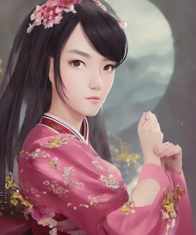 Image similar to Portrait of a beautiful young elegant girl in Chinese hanbok, Japanese anime style, gorgeous atmosphere, full of details, matte painting, concept art, smooth, by Shinkai Makoto and Ina Wong and wlop ，trending on cgsociety and artstation，8kHDR，light effect，