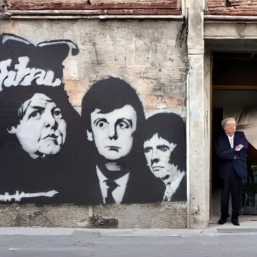 Image similar to A photograph of a Banksy painting of Warren Buffet and Paul McCartney in Venice