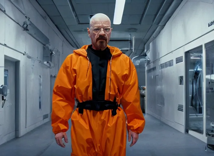 Prompt: film still of Walter White as Gordan Freeman in an underground lab facility wearing a black HEV suit with an orange lambda logo in front with a glowing blue portal in the background in the Half Life Movie, 4k