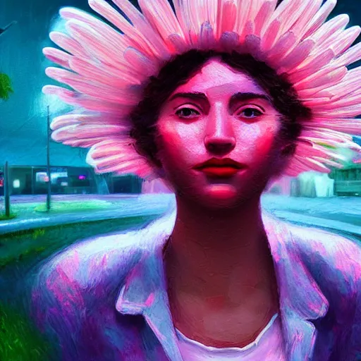 Image similar to closeup, huge daisy flower head, woman in modern city, surreal photography, night light, dark, impressionist painting, digital painting, artstation, simon stalenhag