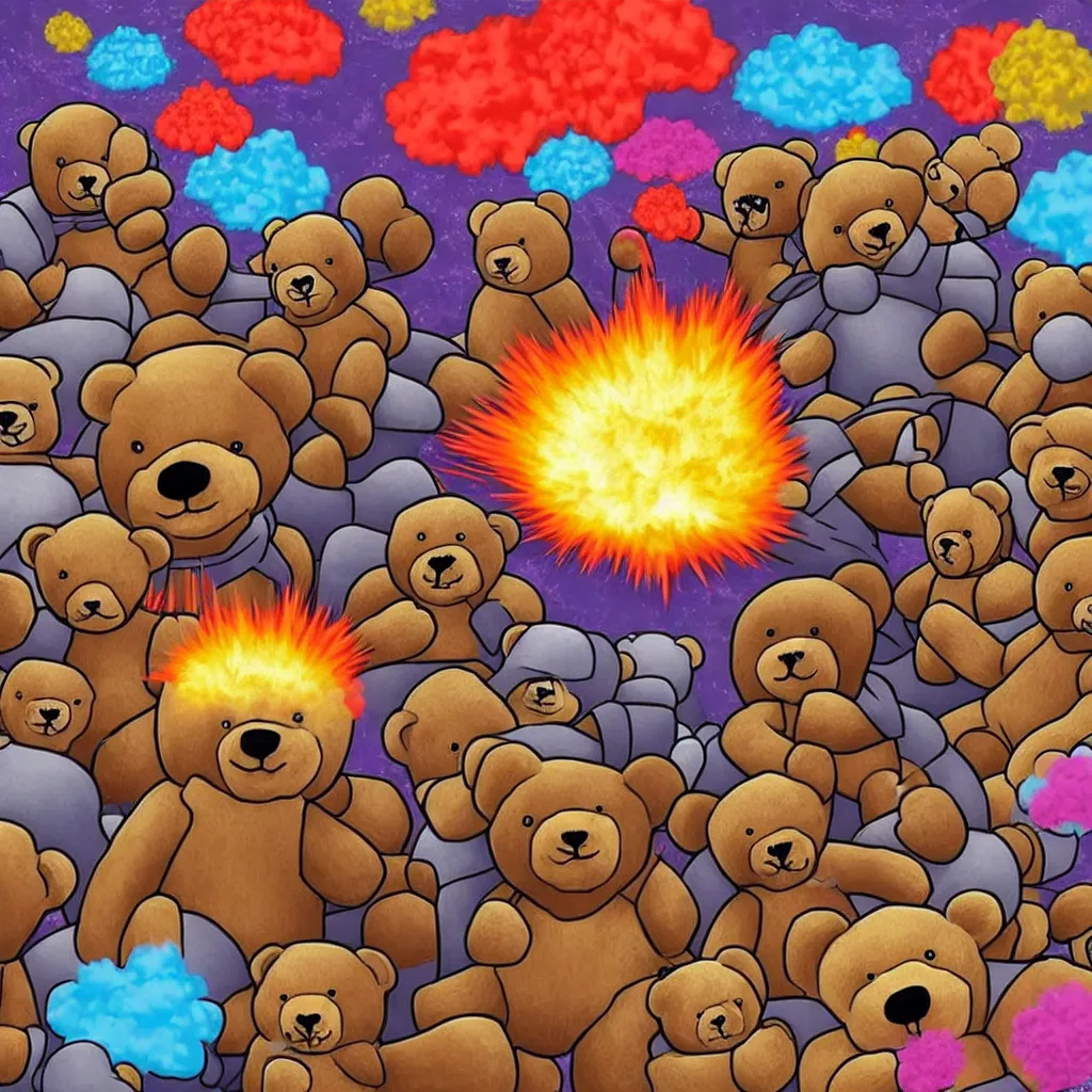 Image similar to a lot of teddy bears fights in epic battle, background a nuclear toxic multi - colored explosion in big town, psychedelic