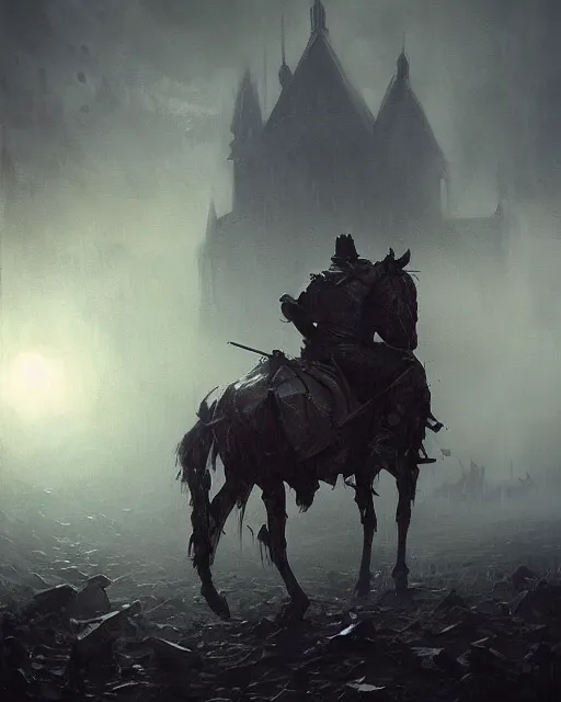 Image similar to Hyper realistic oil painting of an undead knight, knight in the foreground, fog, volumetric lighting, nighttime, moonlight, creepy, by greg rutkowski