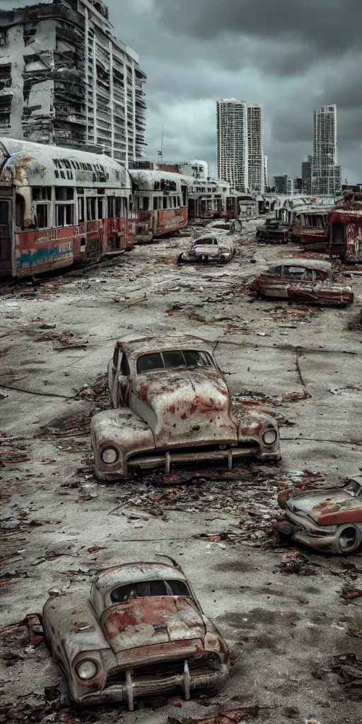 Image similar to wide angle shot of dilapidated fallout 5 miami, tropical coastal city, desolate, dilapidated, some rusted retro futuristic vintage parked vehicles like cars, buses, trucks, trams, slight overcast weather, fog, volumetric lighting, photorealistic, daytime, autumn, sharp focus, ultra detailed,