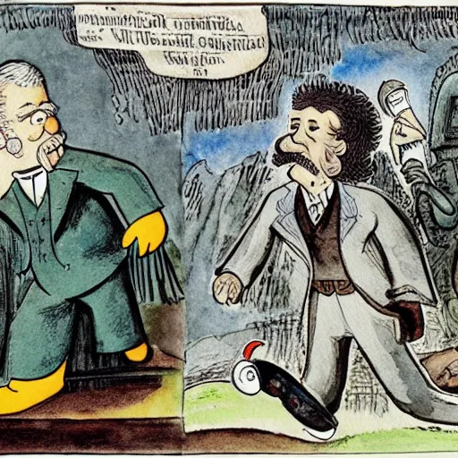 Prompt: the epic battle between Jordan Peterson and Karl Marx, stylised watercolour painting by William Blake and Matt Groening