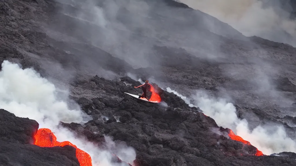 Prompt: medium shot of a person wearing a sponsored jersey surfing down a river of lava on the side of a volcano on surfboard, action shot, dystopian, thick black smoke and fire, sharp focus, cinematic, imax