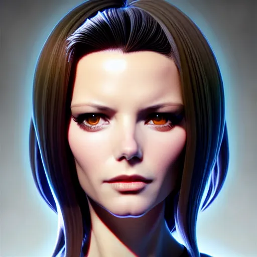 Image similar to kim beckinsale in shock, occlusion shadow, specular reflection, rim light, unreal engine, range murata, artstation, pinterest, art by hiroaki samura and ilya kuvshinov and rossdraws, intricate, highly detailed 8 k, art deco illustration, realistic, extremely beautiful shape of face, neck, shoulders eyes