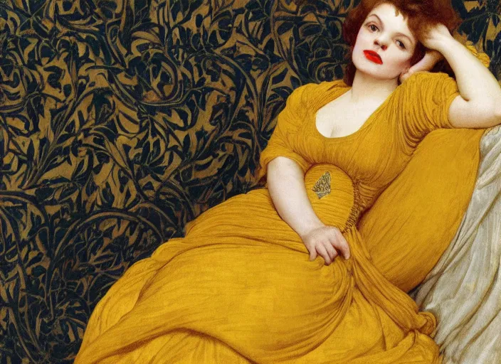 Image similar to portrait of judy garland reclining on bed, wearing yellow ochre ornate medieval dress, preraphaelite colour photography by frederic leighton, william morris, 8 k