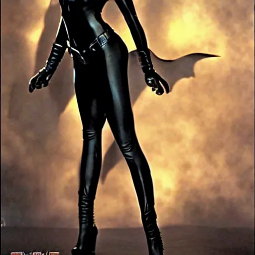 Image similar to High definition, high octane, award winning full body shot of Catwoman posing for the camera and carresing Batman, realistic.