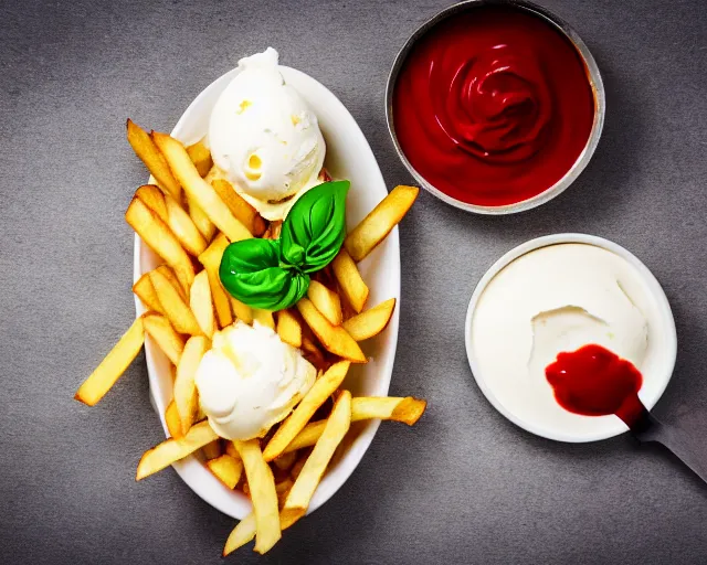 Prompt: dslr food photograph of vanilla ice cream with ketchup on, a leaf of basil on the ice cream, french fries on the side, bokeh, 8 5 mm f 1. 4