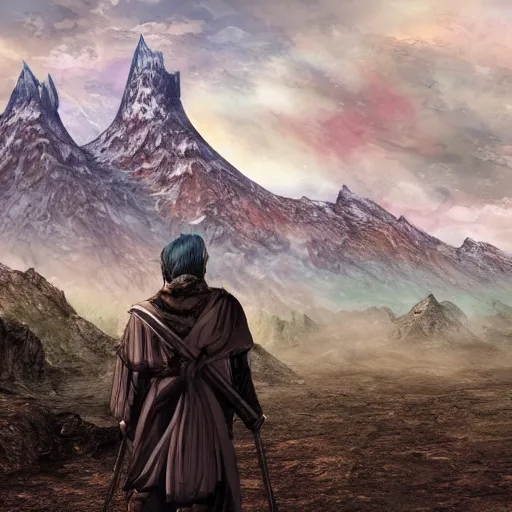 Image similar to man with scars exploring a land where he got a mountain like the mordor to explore, gege akutami style, overdetailed art, realistic, colorfull,