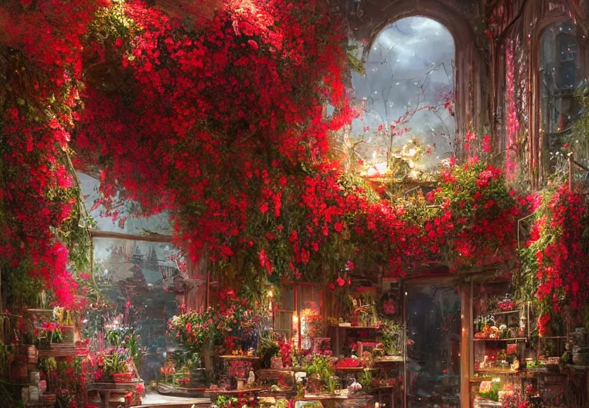 Prompt: A very detailed red flower in a cozy floral shop, a fantasy digital painting by Greg Rutkowski and James Gurney, trending on Artstation, highly detailed