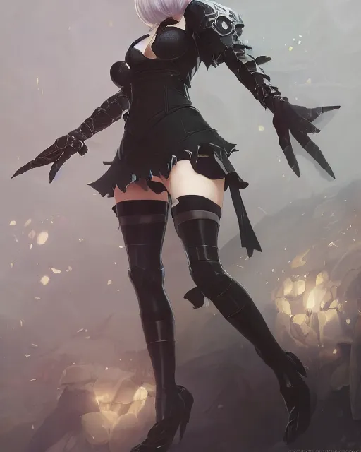 Image similar to full body league of legends portrait of 2 b nier automata, au naturel, hyper detailed, digital art, trending in artstation, cinematic lighting, studio quality, smooth render, unreal engine 5 rendered, octane rendered, art style by klimt and nixeu and ian sprigger and wlop and krenz cushart.