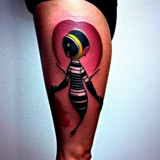 Prompt: detailed tattoos in the style of bee movie on a female leg, crimson - black color scheme, wearing miniskirt, cinematic seductive lighting, beautiful composition