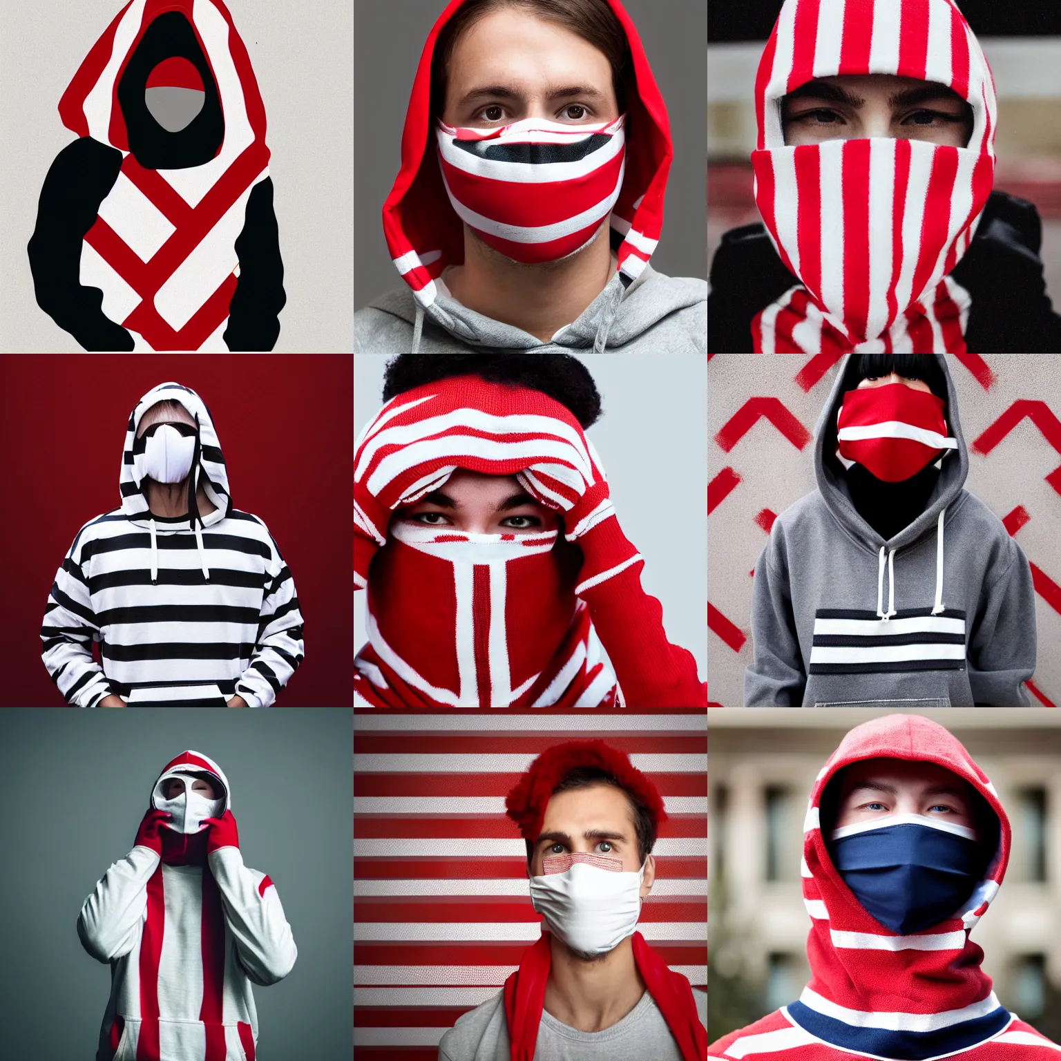 Prompt: portrait of a person, face covered with white featureless mask, wears red and white stripes hoddie