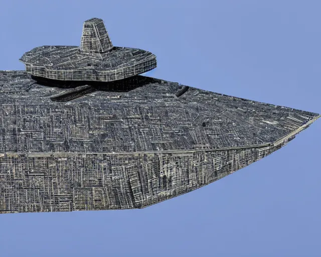 Image similar to 4 k hd, high resolution photograph of star destroyer, full colour, shot with sigma f / 4. 2, 2 5 0 mm sharp lens, wide shot, high level texture render