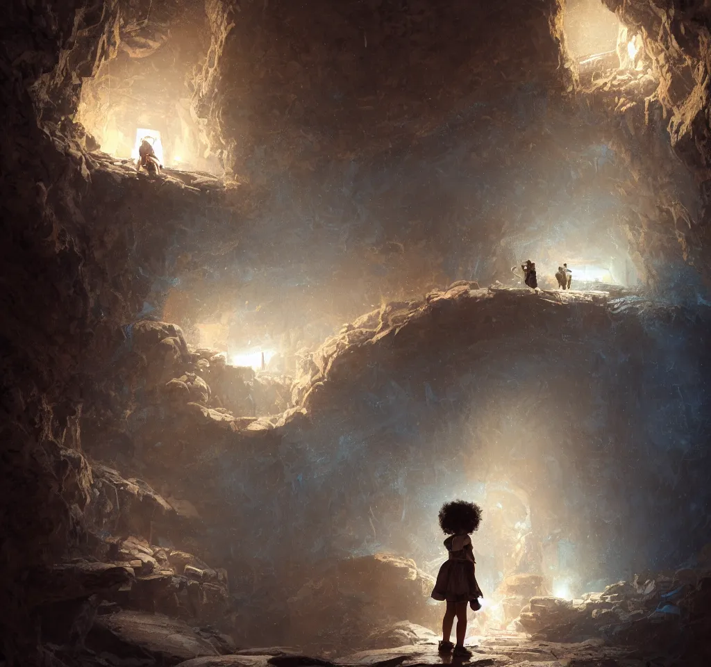 Image similar to a brown skinned little girl with mid curly white hair, looking at blue liminescent hieroglyphics inside a dark cave alone by greg rutkowski, artstation, hyperdetailed, dramatic, epic painting, cgsociety, sharpness, 8 k, golden ratio